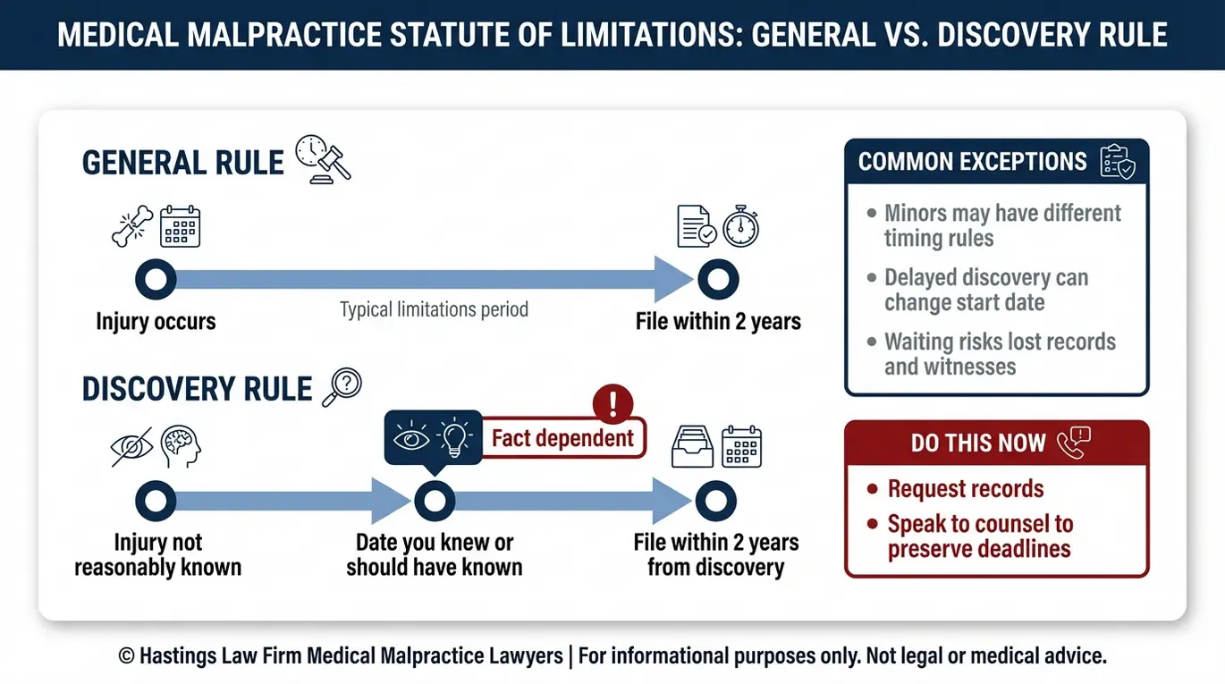 Infografía de «Deadline» para un abogado especializado en negligencia médica de Arizona en la que se explica el plazo de prescripción de dos años, la fecha de inicio de la regla de descubrimiento y las excepciones más comunes, como las reclamaciones de menor cuantía.