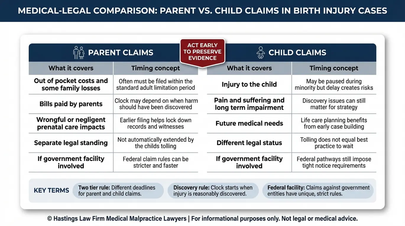 Comparison chart explaining Arizona Missed Congenital CMV Lawyer statute of limitations concepts contrasting parent claims and child claims with discovery rule and federal facility considerations.