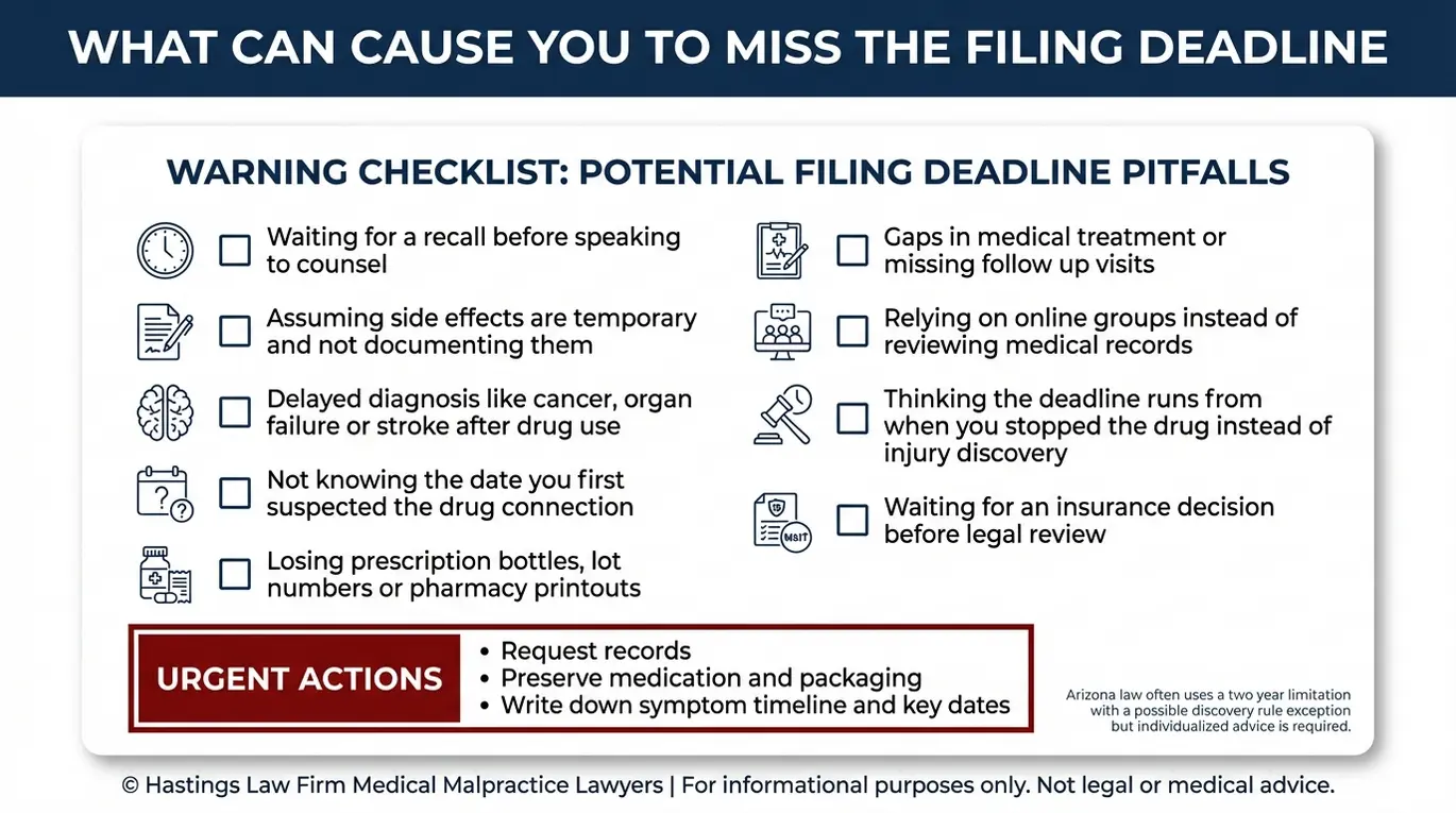Lista de verificación con advertencias sobre los plazos de las demandas por medicamentos peligrosos en Arizona y cuestiones relacionadas con la regla de descubrimiento, que un abogado especializado en medicamentos peligrosos de Arizona revisa para evitar incumplir los plazos.