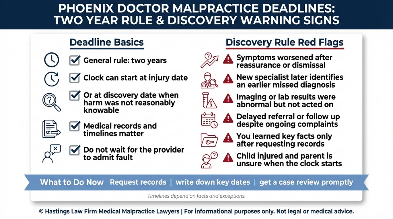 Lista de verificación que resume los plazos de prescripción por negligencia médica en Arizona y los aspectos a tener en cuenta en relación con la regla de descubrimiento, relevantes para el análisis de un caso por parte de un abogado especializado en negligencia médica en Phoenix.