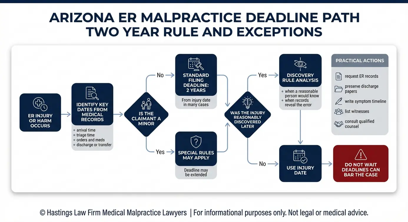 Diagrama de flujo del proceso que resume los plazos de presentación de Arizona ER para una consulta de Arizona Emergency Room Malpractice Lawyer incluyendo la regla de dos años y el descubrimiento y excepciones menores.