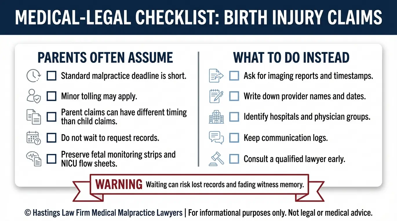 Lista de verificación de advertencias que resume los riesgos relacionados con la suspensión de los plazos de presentación de demandas en Arizona para menores de edad y las medidas de conservación de pruebas pertinentes para una consulta con un abogado especializado en negligencia médica por hemorragia intraventricular en Arizona.