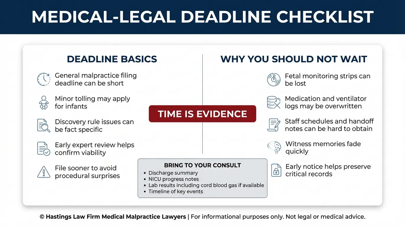Lista de verificación con información sobre los plazos de prescripción y los pasos a seguir para conservar las pruebas, dirigida a las familias que consultan a un abogado especializado en negligencia médica neonatal en Arizona tras una lesión sufrida en la UCIN.
