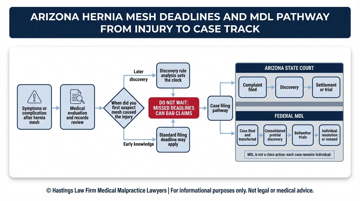 Flowchart showing how an Arizona Hernia Mesh Lawyer analyzes the discovery rule deadline and routes a claim through Arizona court or federal MDL including bellwether trial steps.