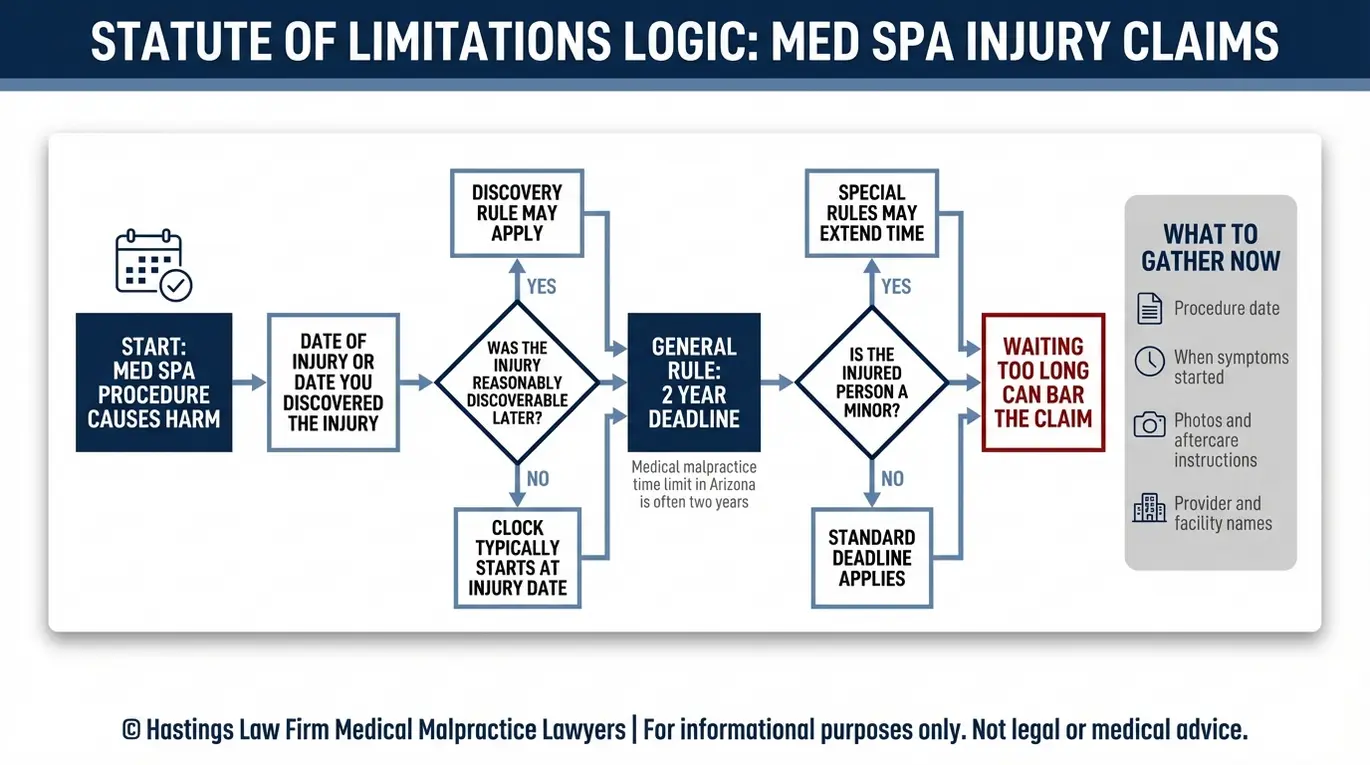 Process flowchart for an Arizona Medical Spa Malpractice Lawyer showing how the Arizona statute of limitations for med spa injuries generally follows a two year deadline with decision points for the discovery rule and for minors.