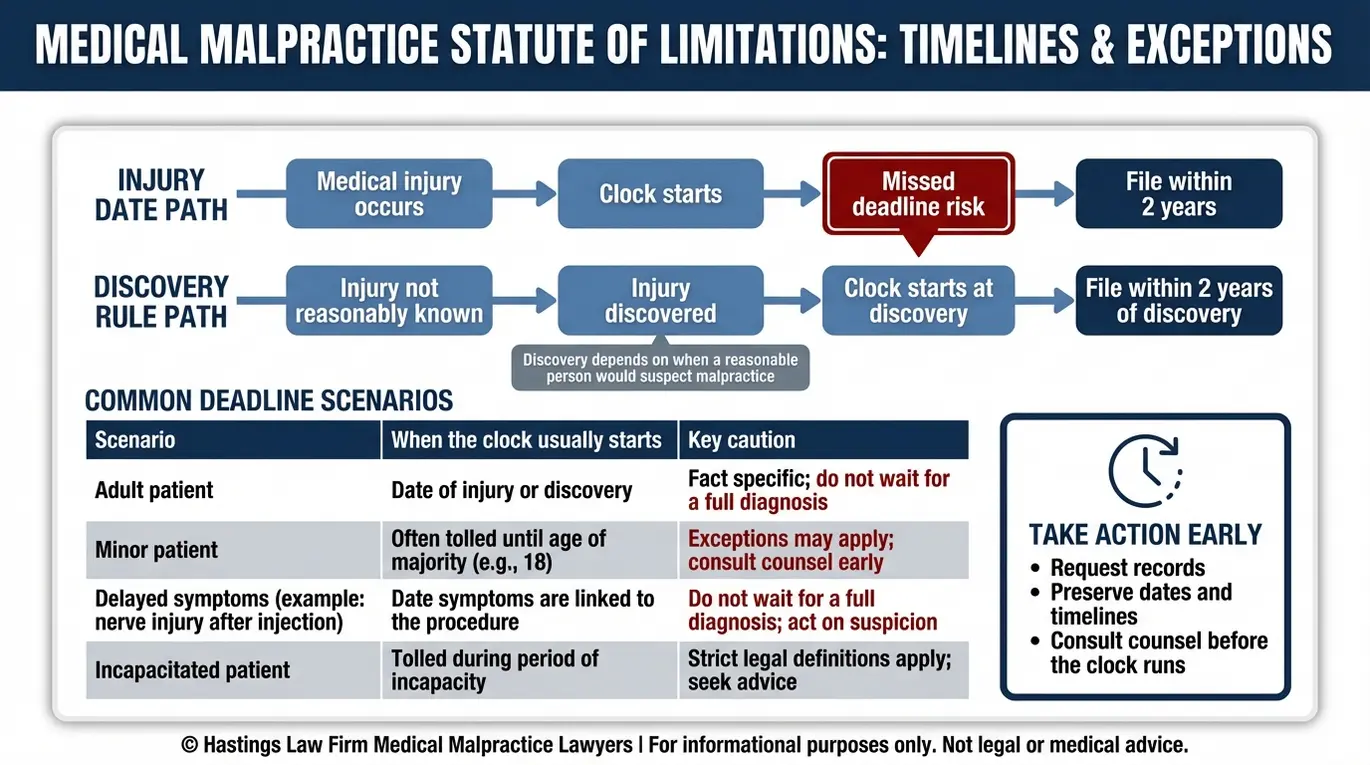Data infographic timeline summarizing Arizona statute of limitations and discovery rule considerations relevant to an Arizona Pain Management Center Malpractice Lawyer claim review.