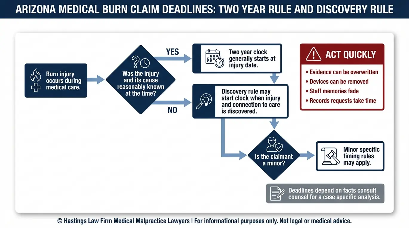 Process flowchart used by an Arizona Medical Burn Lawyer to explain statute of limitations timing including the two year rule the discovery rule and minor exceptions.