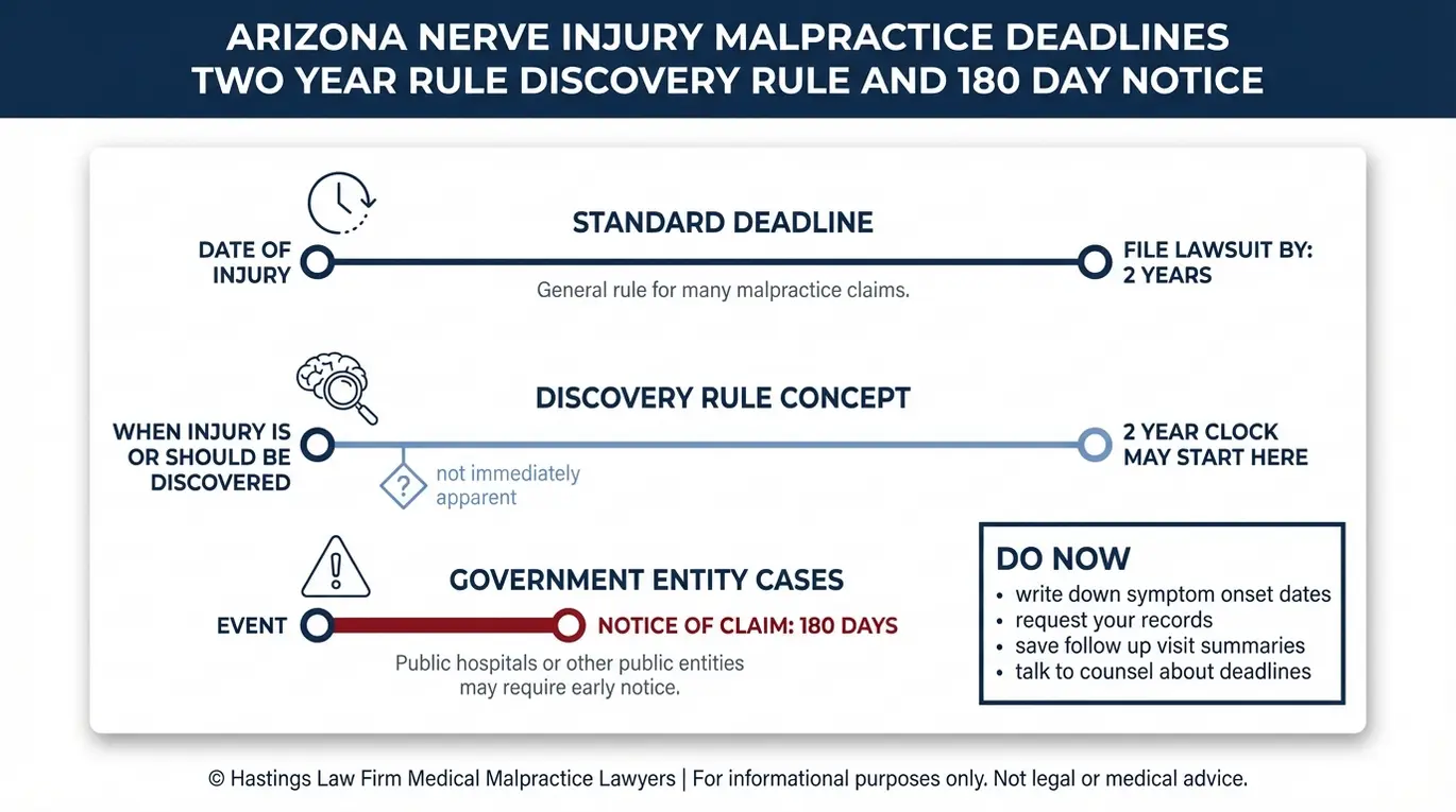 Infografía cronológica que resume los plazos para presentar demandas por negligencia médica en Arizona en casos de daño nervioso, incluyendo el concepto de la «regla de los dos años» y el plazo de 180 días para la notificación gubernamental, según lo revisado por un abogado especializado en daño nervioso médico de Arizona.