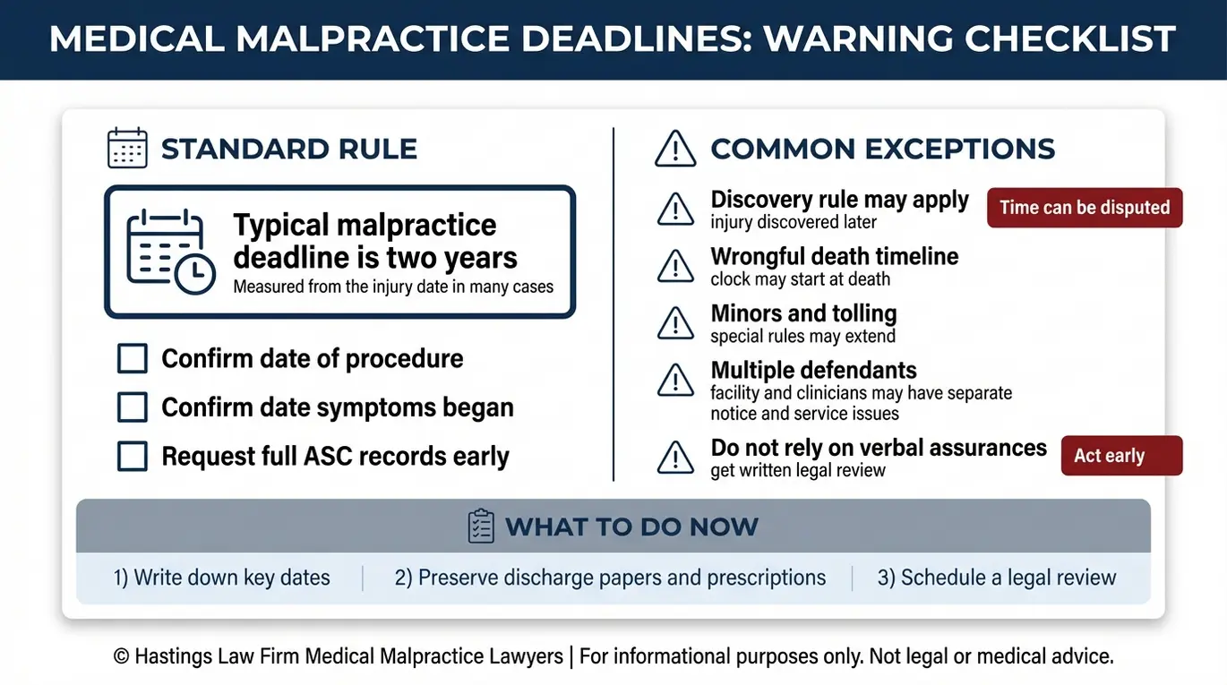 Lista de verificación que resume los plazos de presentación y las excepciones en Arizona para las demandas relacionadas con centros de cirugía ambulatoria, utilizada por un abogado especializado en negligencia médica de centros de cirugía ambulatoria de Arizona para evaluar los plazos de prescripción, la regla de descubrimiento, los casos de menores y los plazos en casos de muerte por negligencia.