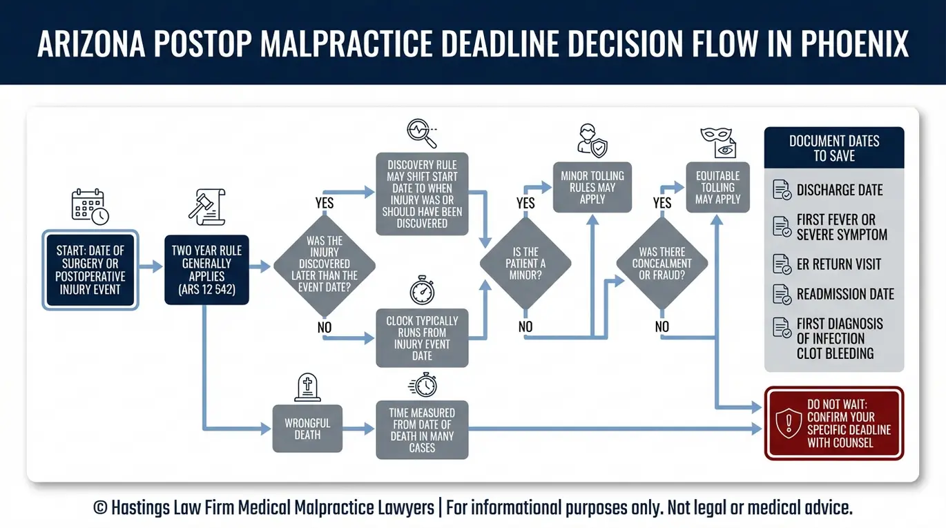 Flowchart showing Arizona statute of limitations decision points for a Phoenix Postoperative Malpractice Lawyer case review including discovery rule minor tolling and wrongful death timing.