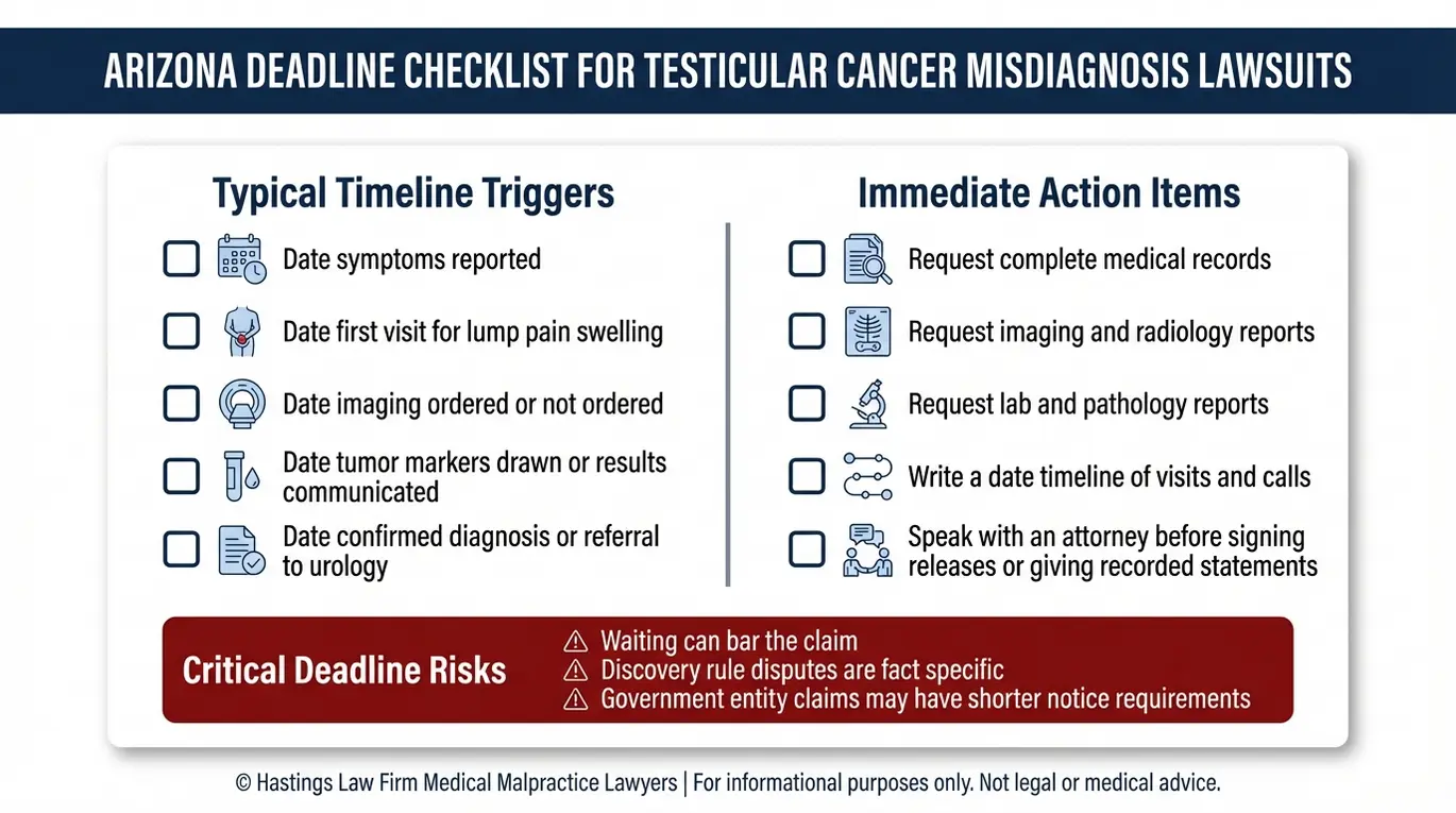 Lista de verificación sobre los plazos de prescripción en Arizona y los plazos clave para solicitar una consulta con un abogado especializado en casos de diagnóstico erróneo de cáncer testicular en Arizona.