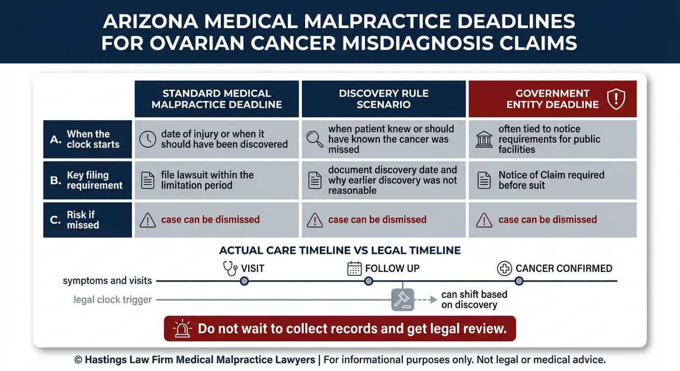 Tabla comparativa de los plazos de prescripción por negligencia médica en Arizona, incluyendo los plazos de la «regla de descubrimiento» y los conceptos de la «Notificación de reclamación» al gobierno, para una consulta con un abogado especializado en casos de diagnóstico erróneo de cáncer de ovario en Arizona.