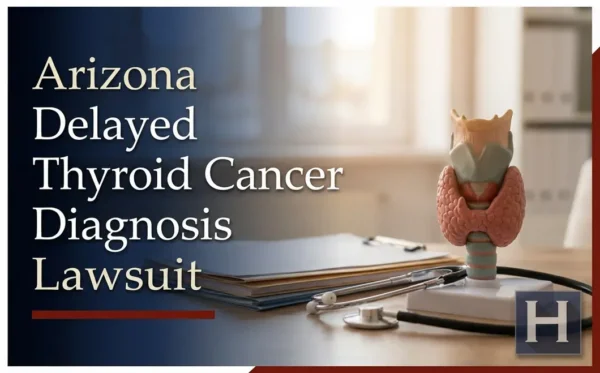 Sobre un escritorio con documentos hay un modelo de glándula tiroides y un estetoscopio, lo que pone de relieve cómo un abogado especializado en casos de diagnóstico tardío de cáncer de tiroides en Arizona ayuda a sus clientes.