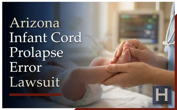 Adult hands gently hold an infant's feet in a hospital setting, illustrating how an Arizona Infant Cord Prolapse Error lawyer supports families.