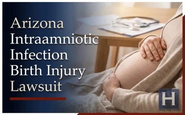 Una mujer embarazada se acaricia suavemente el vientre en la consulta de un médico, lo que refleja las dudas que tienen las familias respecto a un abogado especializado en lesiones perinatales por infección intraamniótica en Arizona.
