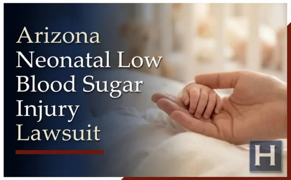 An adult hand gently comforts a baby's tiny hand, underscoring the compassionate work of an Arizona Neonatal Low Blood Sugar Injury lawyer.