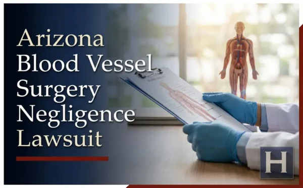 Un profesional de la salud, con guantes azules, examina una carpeta en la que se muestra un diagrama de un vaso sanguíneo humano, que ilustra posibles casos de negligencia en cirugía vascular en Arizona para los que un abogado podría brindar asistencia legal.