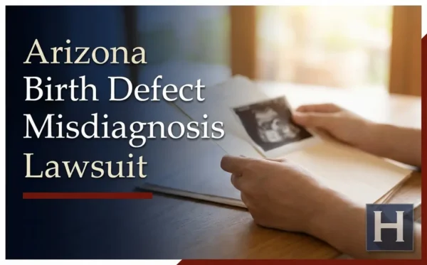 A person's hands hold an ultrasound image and a folder on a table, underscoring the need for an Arizona Birth Defect Misdiagnosis lawyer.