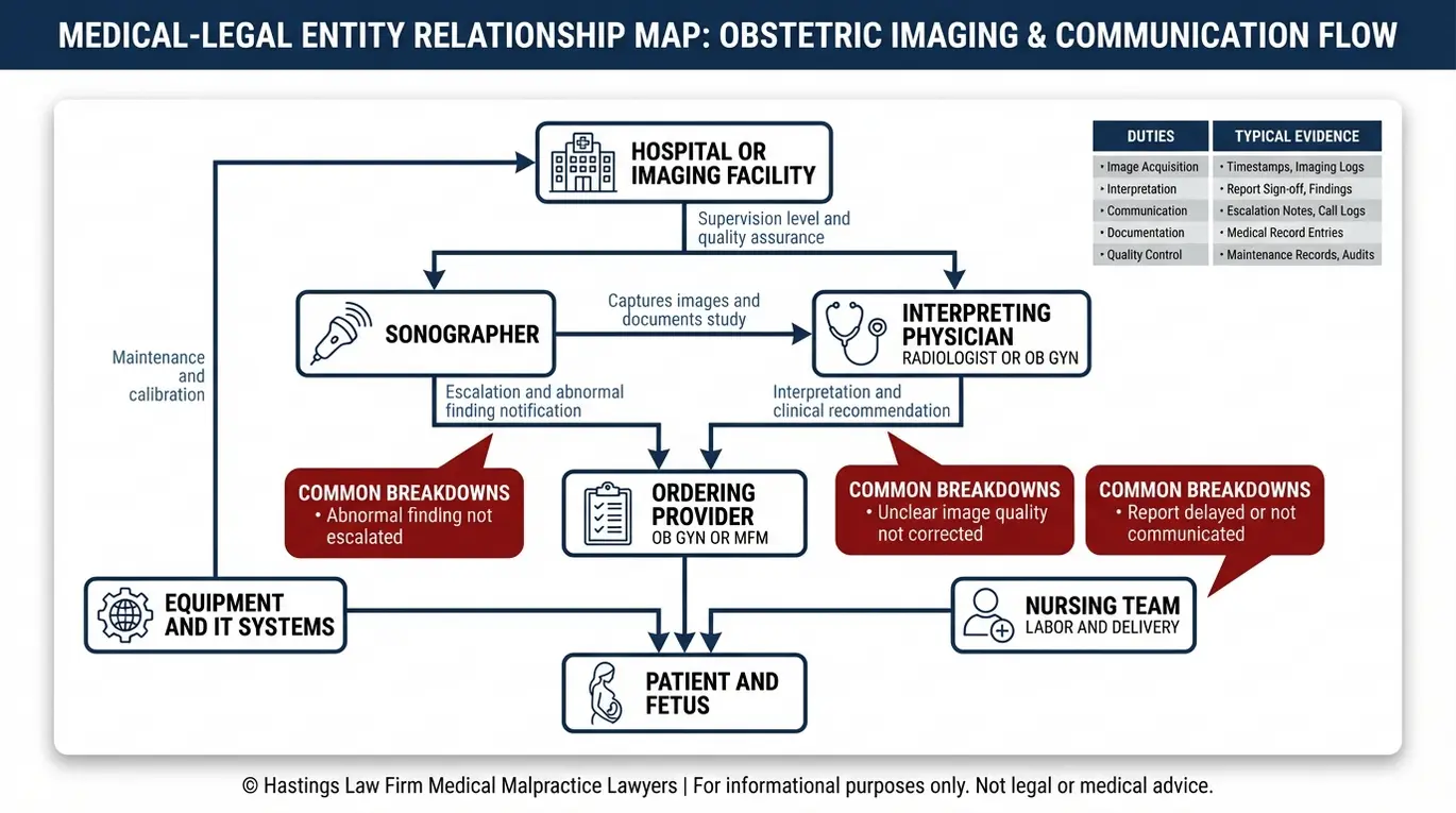 Entity relationship map outlining sonographer, radiologist, OB GYN, and hospital roles in communication and supervision for cases a Texas Abnormal Doppler Ultrasound Malpractice Lawyer investigates.