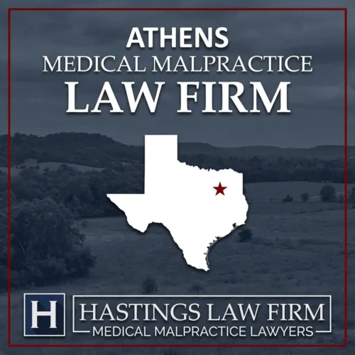 Los mejores abogados de negligencia médica en Atenas Texas Paisaje de Atenas Texas. Una estrella roja señala el lugar donde los abogados locales de negligencia médica han ayudado a pacientes lesionados. El logotipo de The Hastings Law Firm aparece en la parte inferior.