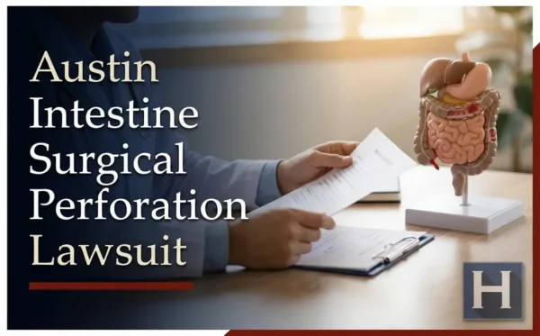 Una persona revisa documentos médicos junto a un modelo de intestino, destacando posibles casos de Perforación Quirúrgica de Intestino que un abogado de Austin representa.