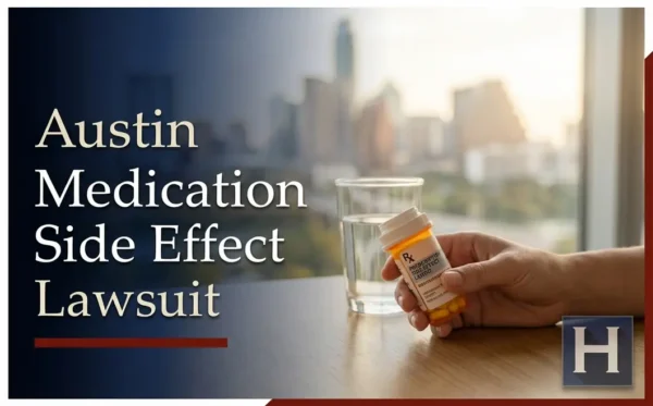 A hand holds a prescription pill bottle and glass of water against a city skyline, reflecting concerns for individuals seeking an Austin Medication Side Effect lawyer.
