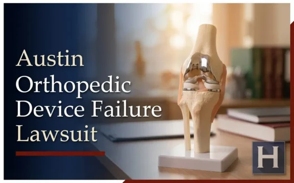 A knee joint model with a metal orthopedic device is prominently displayed on a desk, illustrating the focus of an Austin Orthopedic Device Failure lawyer.