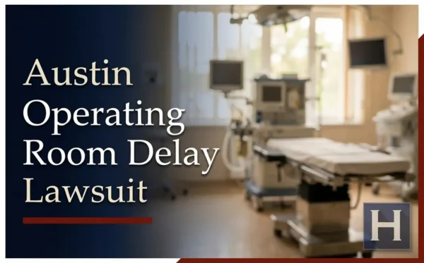 Una imagen borrosa de un quirófano con una mesa vacía y equipo médico ilustra el trabajo de un abogado especializado en casos de retrasos en quirófanos de Austin, lo que respalda posibles inquietudes.