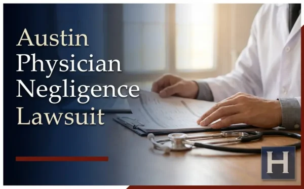 Un médico con bata blanca revisa unos documentos sobre un escritorio mientras se escucha el sonido del estetoscopio, lo que ilustra posibles casos para un abogado especializado en negligencia médica en Austin.
