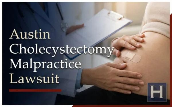 A doctor reviews a clipboard for a person with a bandaged belly, underscoring questions for an Austin Cholecystectomy Malpractice lawyer.