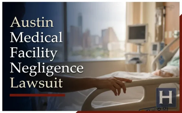 Una mano descansa sobre la barandilla de una cama de hospital en un centro médico con vistas a la ciudad de Austin, lo que ilustra las preocupaciones de un abogado especializado en negligencia en centros médicos.