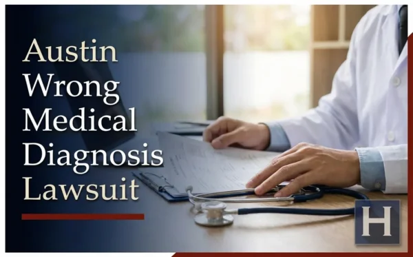 Un médico con bata blanca revisa los expedientes de los pacientes y un estetoscopio que se encuentran sobre un escritorio, mientras comenta con un abogado de Austin sus preocupaciones sobre posibles diagnósticos médicos erróneos.