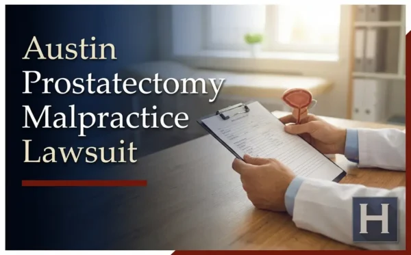 Un profesional médico con bata blanca revisa el expediente de un paciente y un modelo de próstata, lo que sugiere una posible negligencia médica en una prostatectomía para un abogado de Austin.
