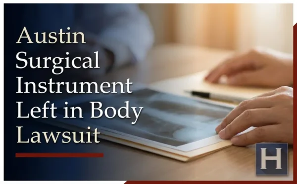 Las manos revisan una radiografía que muestra un posible instrumento quirúrgico dejado en el cuerpo, y documentos legales, lo que refleja el enfoque de un abogado de Austin Surgical Instrument Left in Body.
