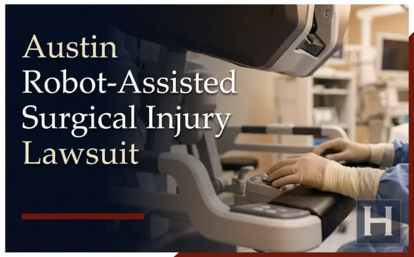 Las manos enguantadas de un profesional médico manejan los controles de una sofisticada consola de cirugía robótica, lo que refleja el tipo de casos que atiende un abogado especializado en lesiones por cirugía asistida por robot en Austin.