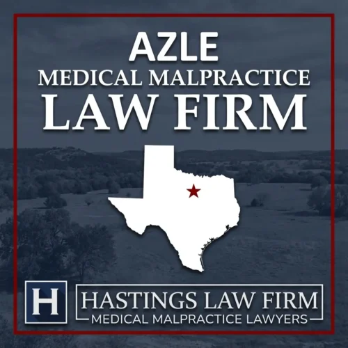 Los mejores Abogados de Negligencia Médica en Azle Texas Una escena de paisaje de Azle Texas. Una estrella roja señala el lugar donde los abogados locales de negligencia médica han ayudado a los pacientes lesionados. Logo The Hastings Law Firm aparece en la parte inferior.