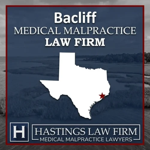 Best Medical Malpractice Attorneys in Bacliff Texas A landscape scene of Bacliff Texas. A red star pinpoints the location where local Medical Malpractice Lawyers have helped injured patients. The Hastings Law Firm logo appears at the bottom.