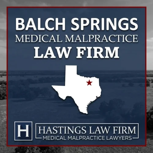 Best Medical Malpractice Attorneys in Balch Springs Texas A landscape scene of Balch Springs Texas. A red star pinpoints the location where local Medical Malpractice Lawyers have helped injured patients. The Hastings Law Firm logo appears at the bottom.