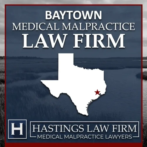 Los mejores abogados especializados en negligencia médica en Baytown Texas Una imagen panorámica de Baytown Texas. Una estrella roja señala el lugar donde los abogados locales especializados en negligencia médica han ayudado a pacientes lesionados. El logotipo de Hastings Law Firm aparece en la parte inferior.