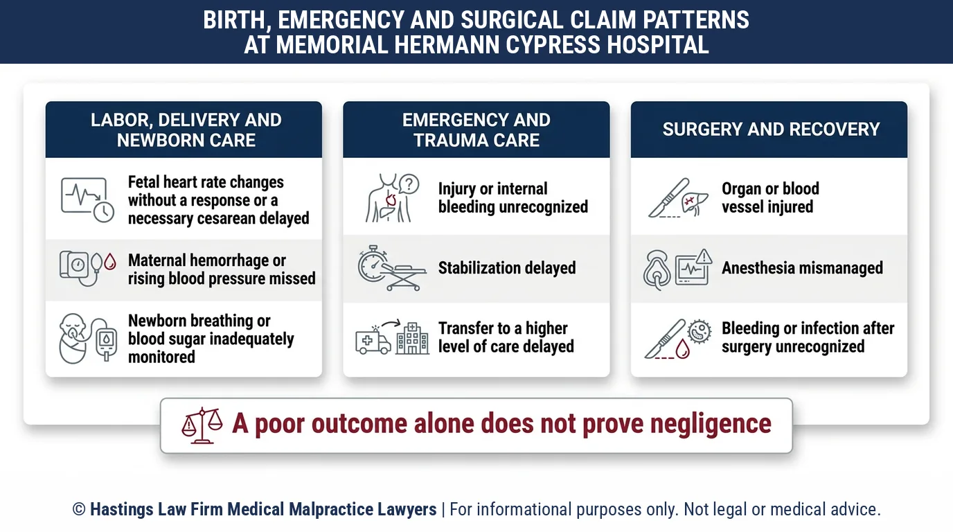 ¿Qué tipos de casos aborda un abogado especializado en negligencia hospitalaria en casos de errores en atención de urgencia, cirugía o hospitalización en el Memorial Hermann Cypress Hospital?.