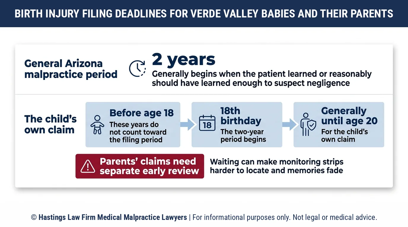 How long do parents have to file a birth injury claim against Verde Valley Medical Center with a hospital negligence lawyer.