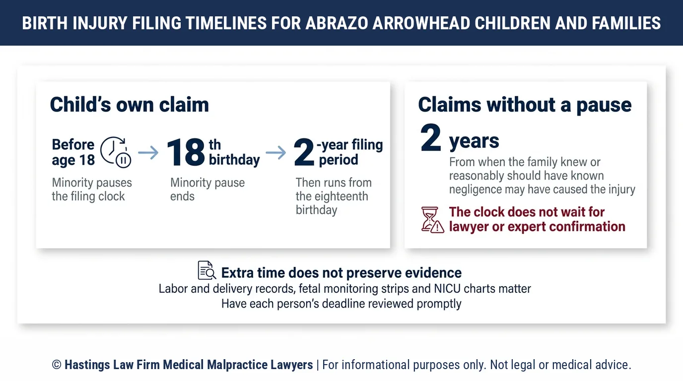 ¿Cuánto tiempo tiene una familia para presentar una demanda por lesiones durante el parto en el campus Abrazo Arrowhead ante un abogado especializado en negligencia hospitalaria?.