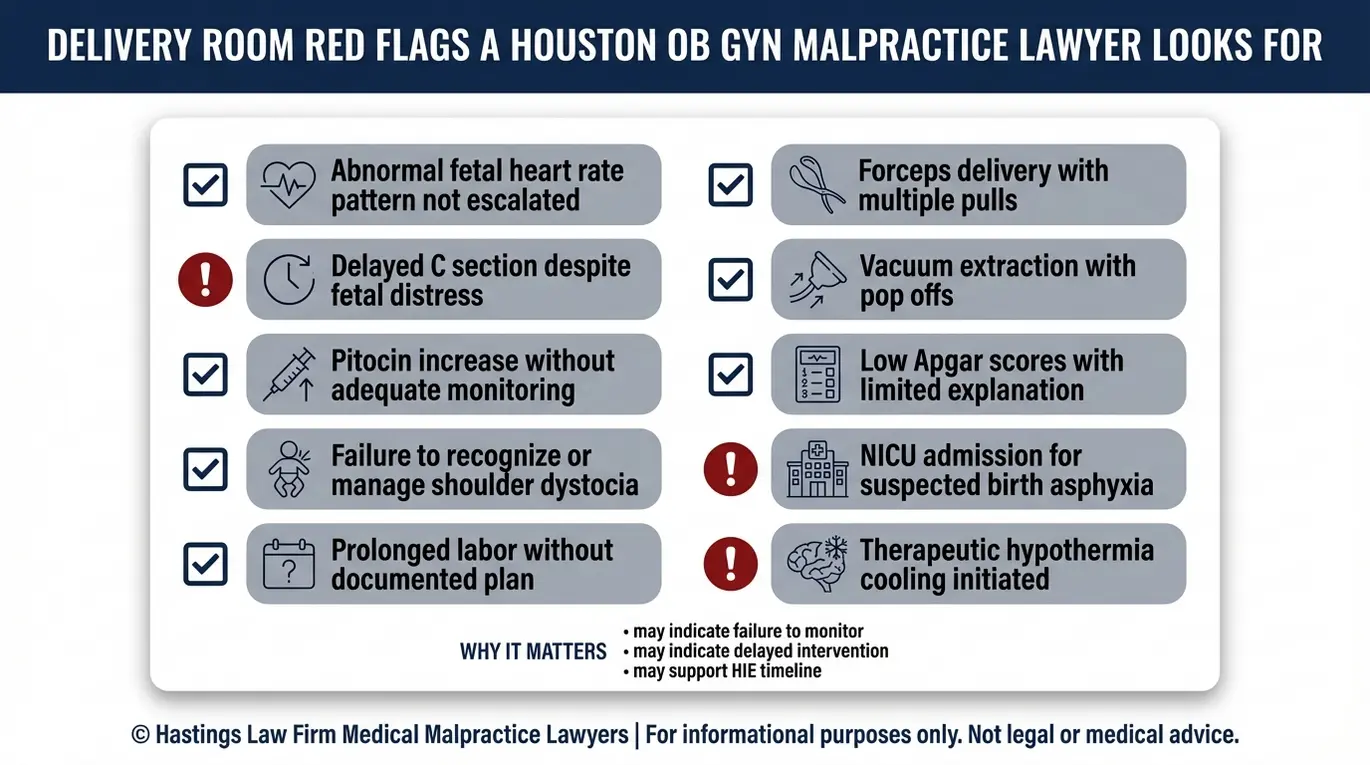 Warning checklist of delivery room red flags and HIE indicators used by a Houston OB-GYN Malpractice Lawyer when evaluating birth injury cases.