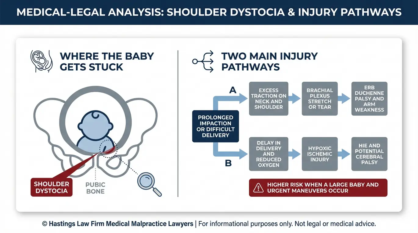 Clinical concept diagram showing how shoulder dystocia in a large baby delivery can cause brachial plexus injury or hypoxic ischemic encephalopathy which supports Arizona Macrosomia Birth Injury Lawyer claims involving delivery room negligence.