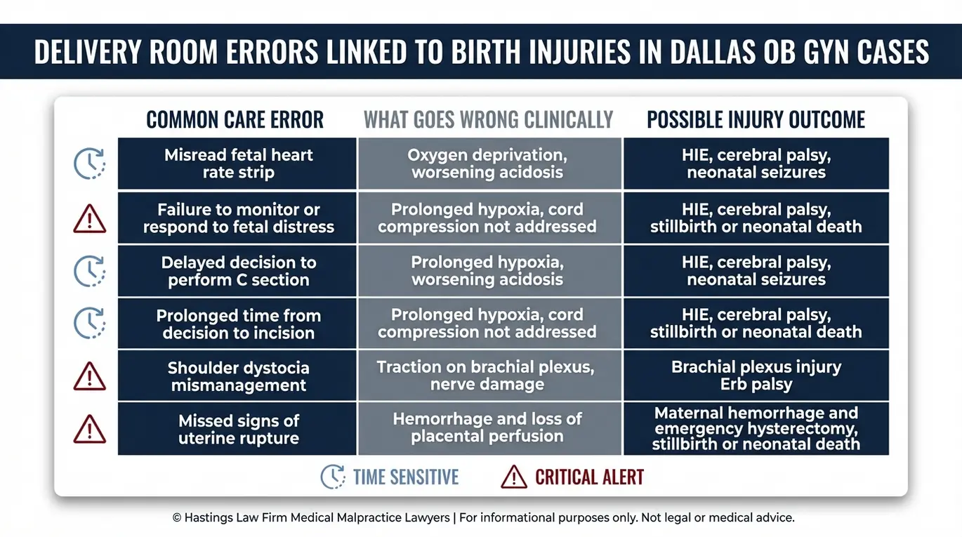 Tabla comparativa que muestra los errores cometidos en la sala de partos y sus consecuencias, utilizada por un abogado especializado en negligencia médica obstétrica y ginecológica de Dallas, incluyendo cesáreas tardías, sufrimiento fetal y parálisis cerebral (HIE).