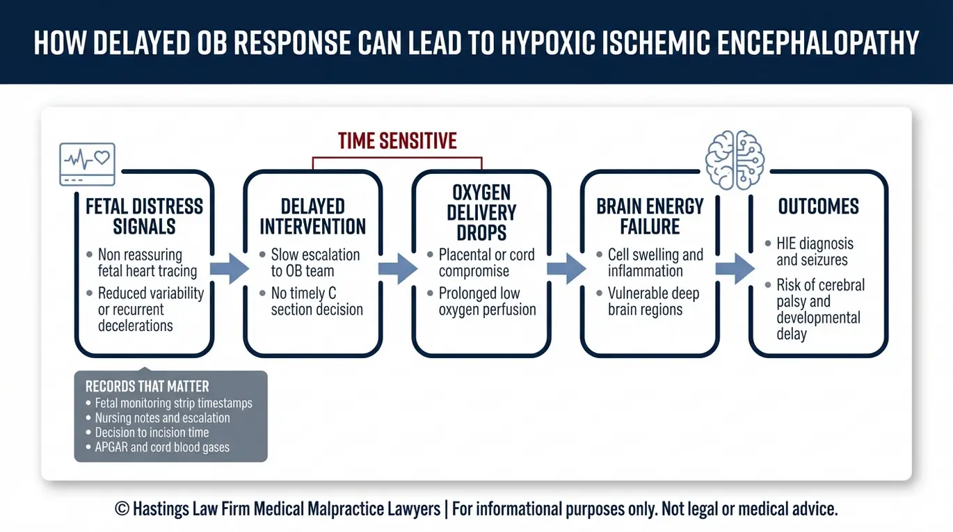 Clinical concept diagram explaining how delayed labor intervention can cause hypoxic ischemic encephalopathy and related outcomes for an Austin Pediatric Malpractice Lawyer claim.