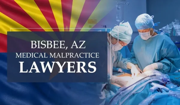The State flag of Arizona blending into a healthcare setting in Bisbee where medical negligence has occurred, depicting the need for Medical Malpractice Lawyers to help patients harmed by medical professionals and healthcare facilities.