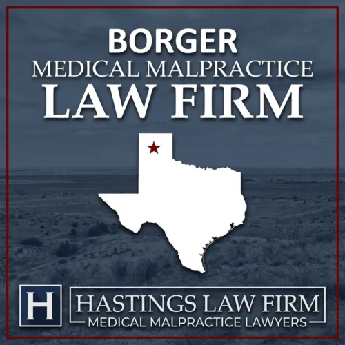 Los mejores abogados especializados en negligencia médica en Borger Texas Una imagen panorámica de Borger Texas. Una estrella roja señala el lugar donde los abogados locales especializados en negligencia médica han ayudado a pacientes lesionados. El logotipo de Hastings Law Firm aparece en la parte inferior.