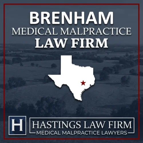 Best Medical Malpractice Attorneys in Brenham Texas A landscape scene of Brenham Texas. A red star pinpoints the location where local Medical Malpractice Lawyers have helped injured patients. The Hastings Law Firm logo appears at the bottom.