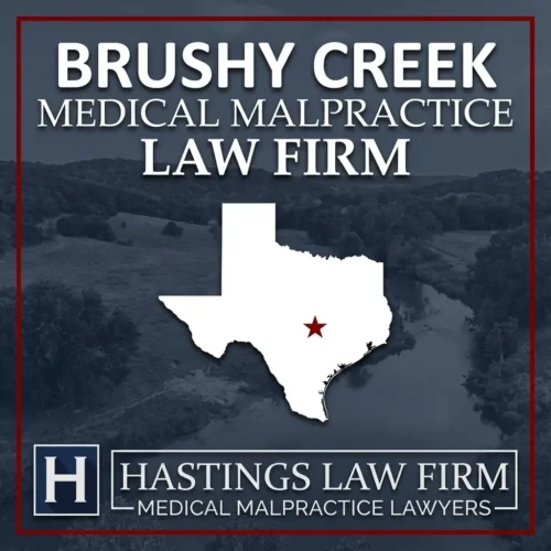 Best Medical Malpractice Attorneys in Brushy Creek Texas A landscape scene of Brushy Creek Texas. A red star pinpoints the location where local Medical Malpractice Lawyers have helped injured patients. The Hastings Law Firm logo appears at the bottom.